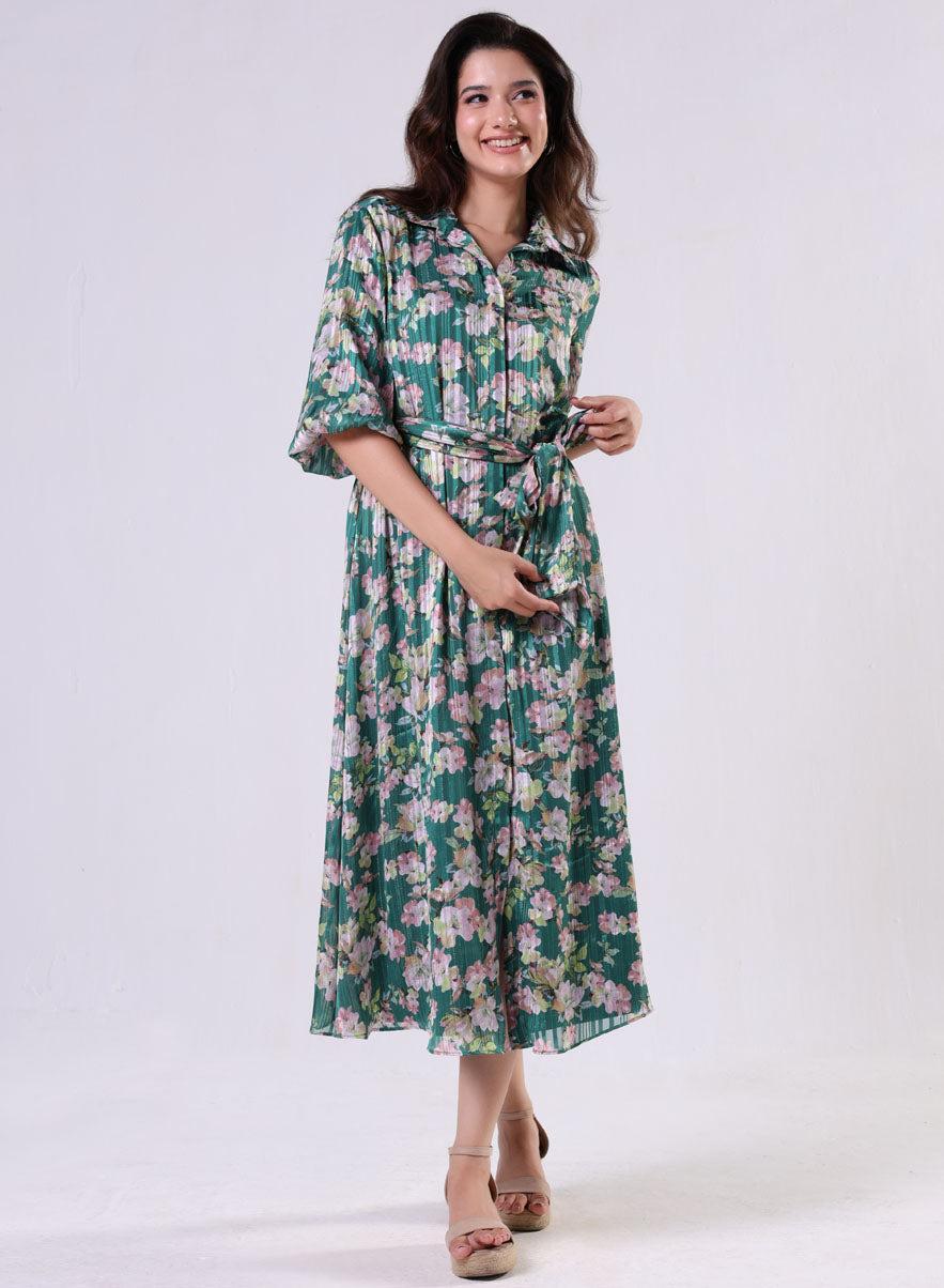 Emerald Floral Front-Button Midi Shirt Dress - Image 1
