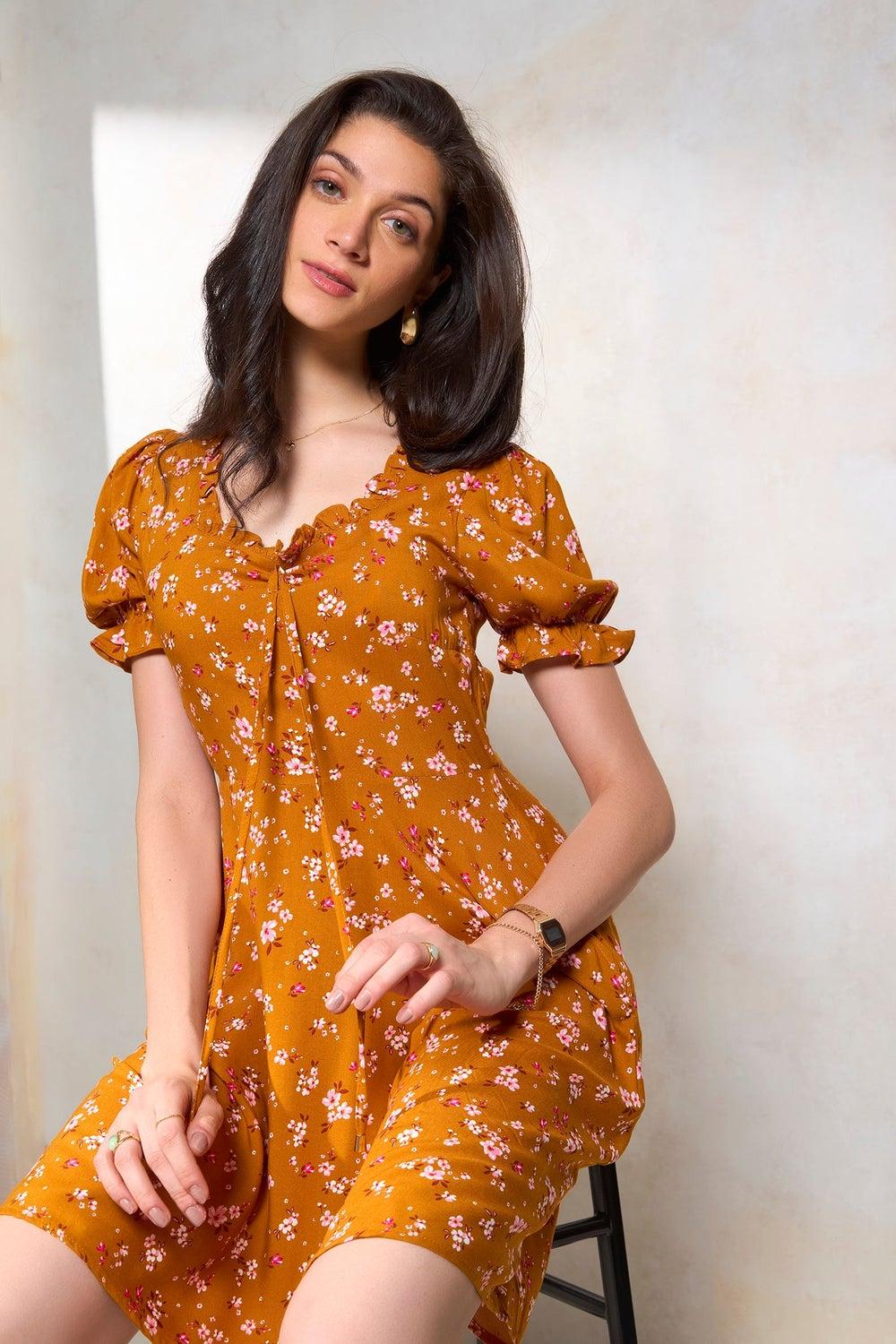 Mustard Yellow Viscose Floral Fit & Flare Mini Dress - Image 1