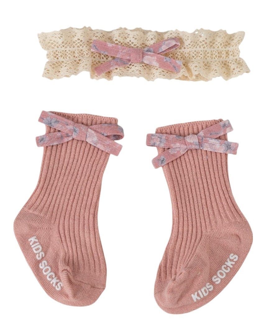 Victoria Pink Ribbon Bow Turban & Baby Socks Set - Image 1
