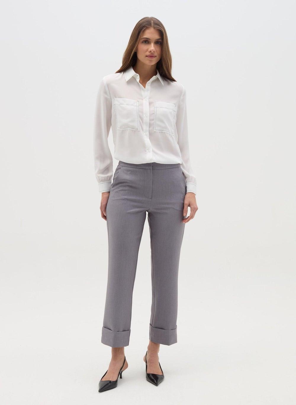 Grey Straight-Fit Cropped Trousers with Folded Hem - Image 1