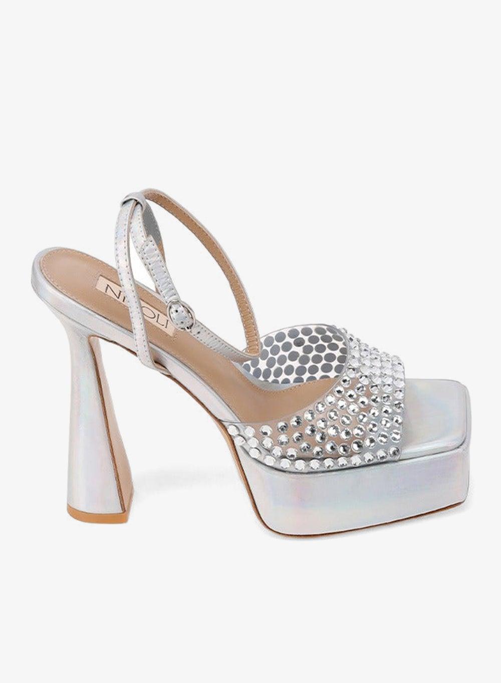 Blanca Crystal Bow Silver Platform Mule Heels - Image 1