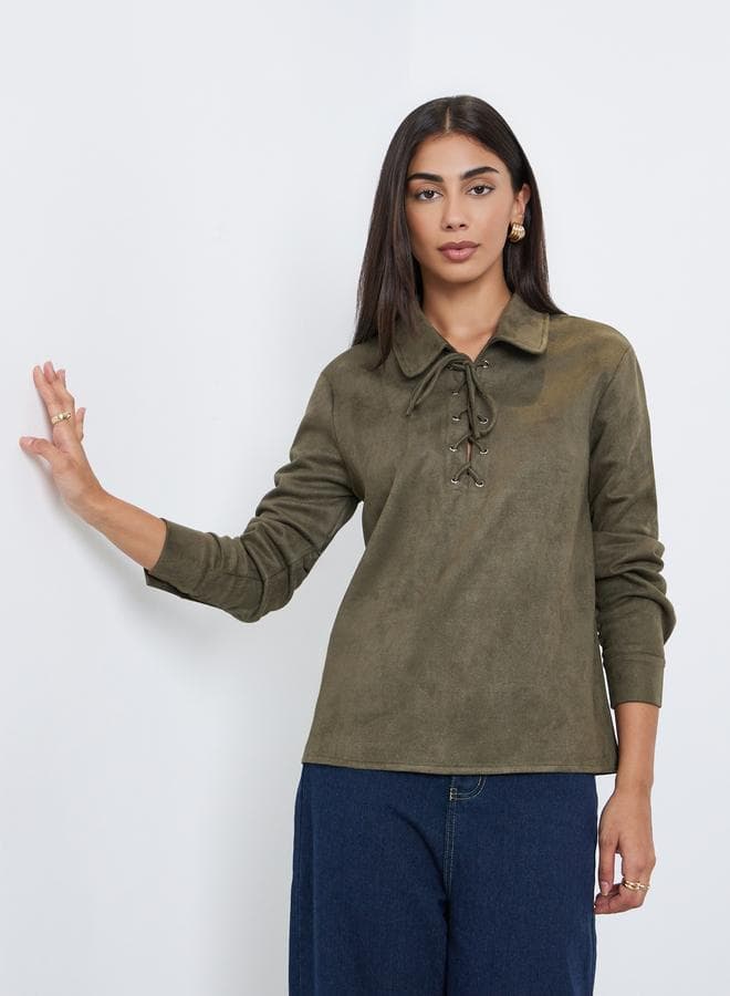 Styli Olive Lace-Up Suede Look Shirt - Image 1