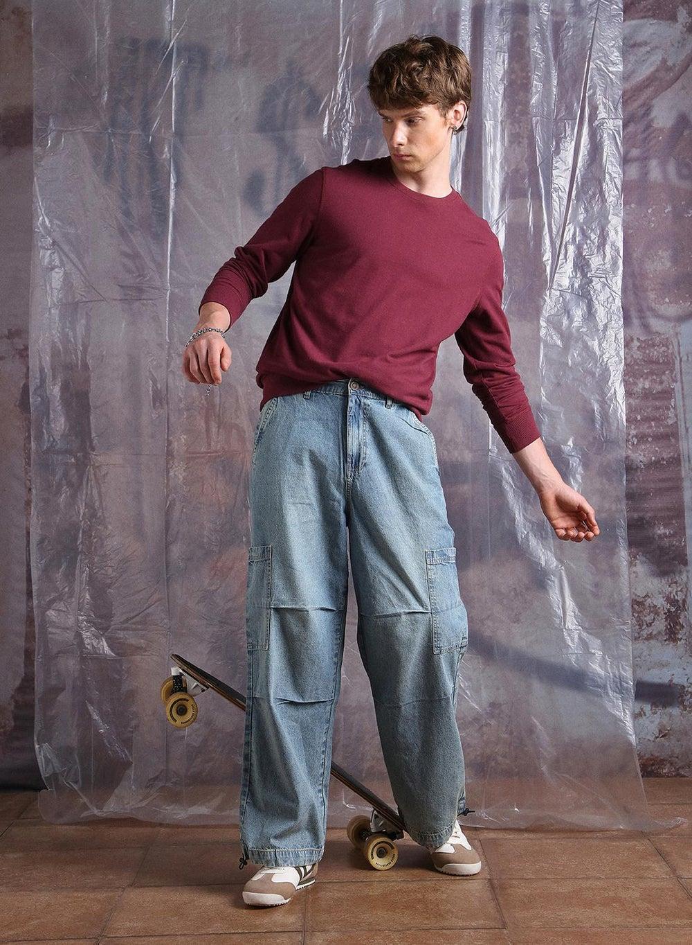 Light Fade Mid-Rise Loose Fit Cargo Denim Jeans - Image 1