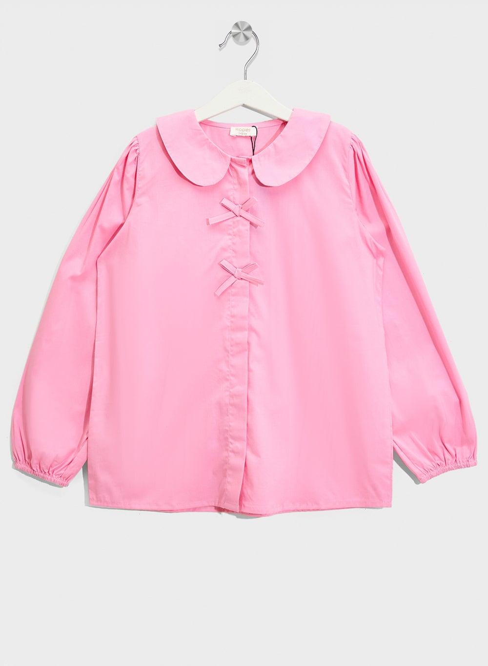 Girls Pink Cotton Blouse with Bow Appliqué - Image 1