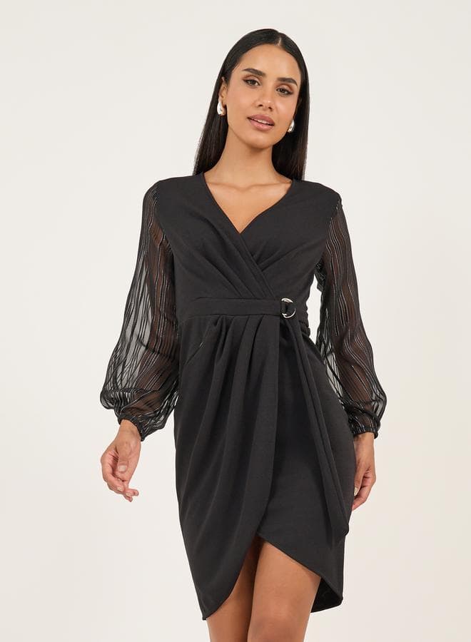 Sheer Sleeve Wrap Mini Dress 7012026101 Black - Image 1