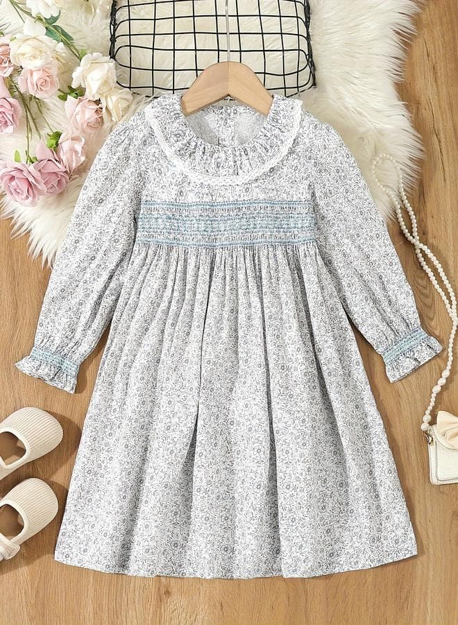 Girls Blue Floral Cotton Smocked Midi Dress - Image 1