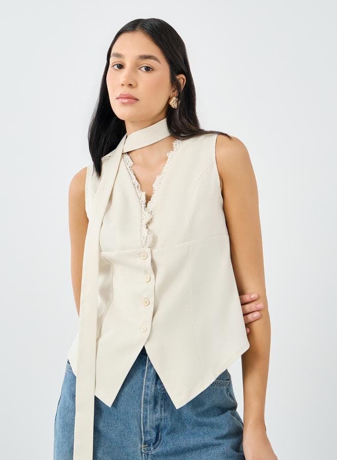Styli Cream Lace Detail Buttoned Sleeveless Waistcoat - Image 1