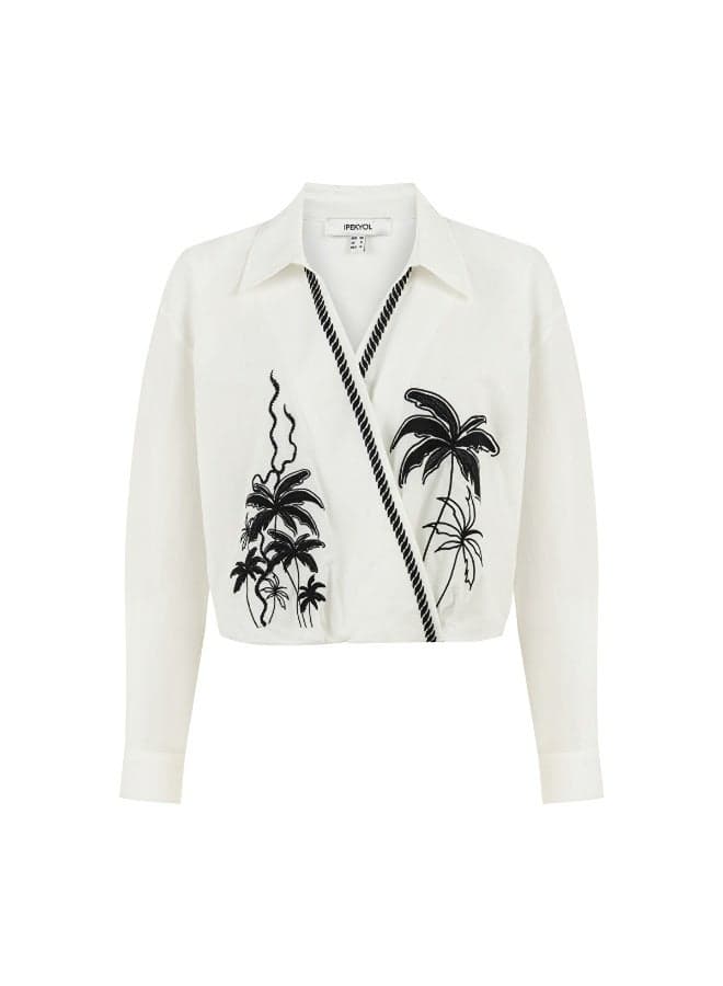 Double-Breasted Embroidered Poplin Blouse – White Regular Fit - Image 1