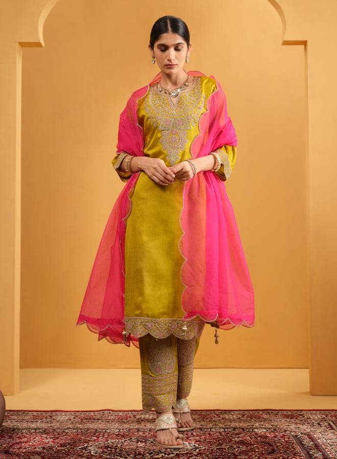 Mint Green Silk Blend Embellished Kurta Palazzo Set - Image 1