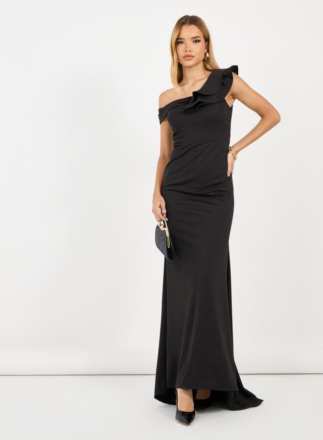 Black One-Shoulder Ruffle Maxi Dress 7010569901 - Image 1