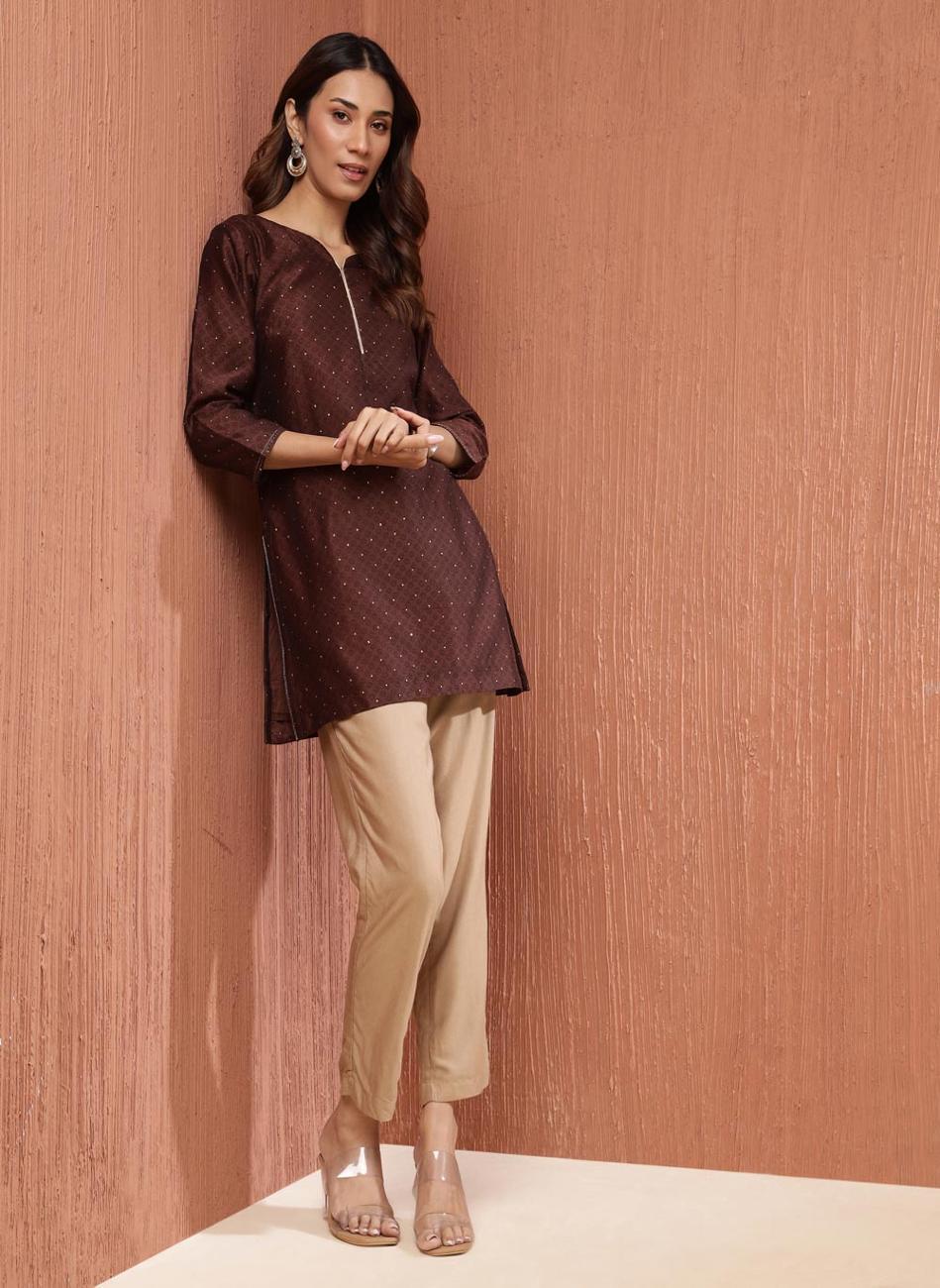 Brown Cotton Silk Hand Block Printed Short Kurta - Image 1