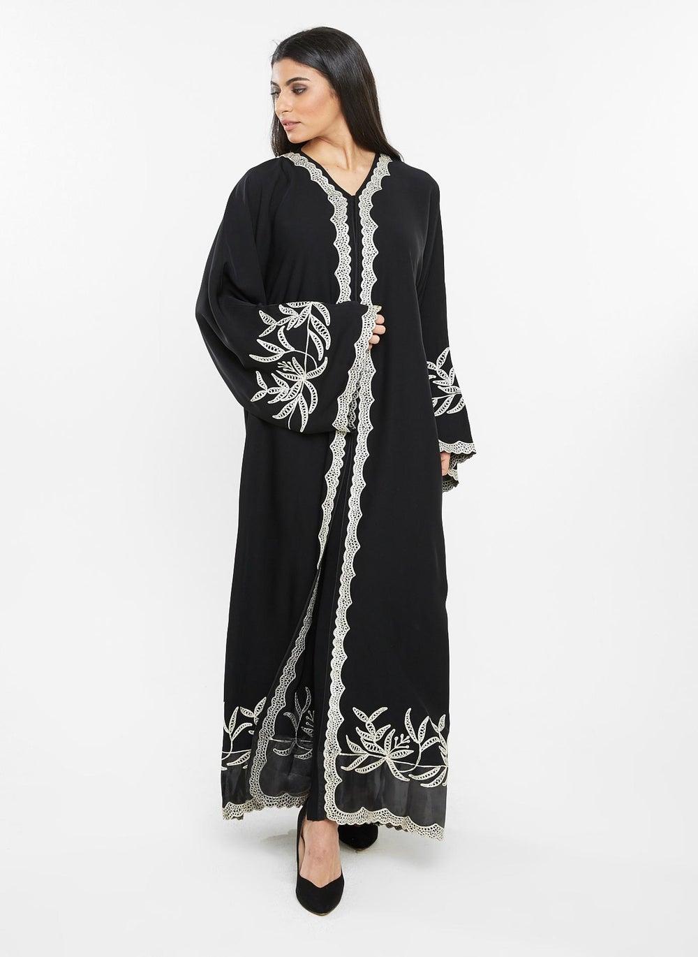 SQ197A Cream Crochet Embroidered Casual Abaya - Image 1