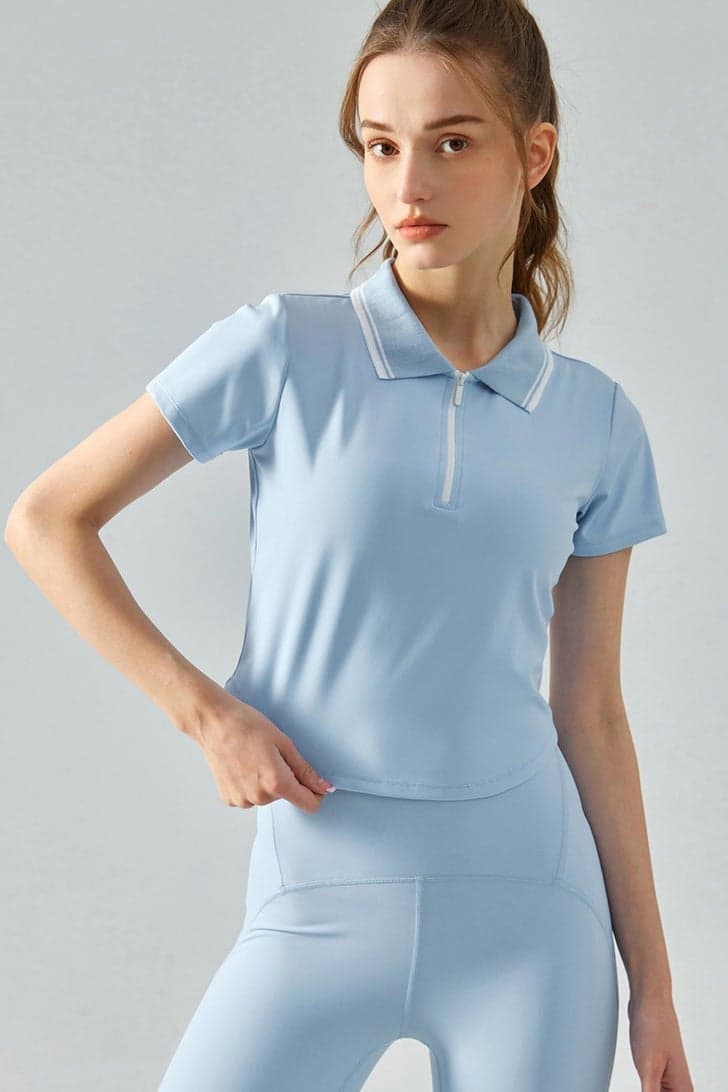 Sky Blue Zip Polo Top SVL Slim Fit - Image 1