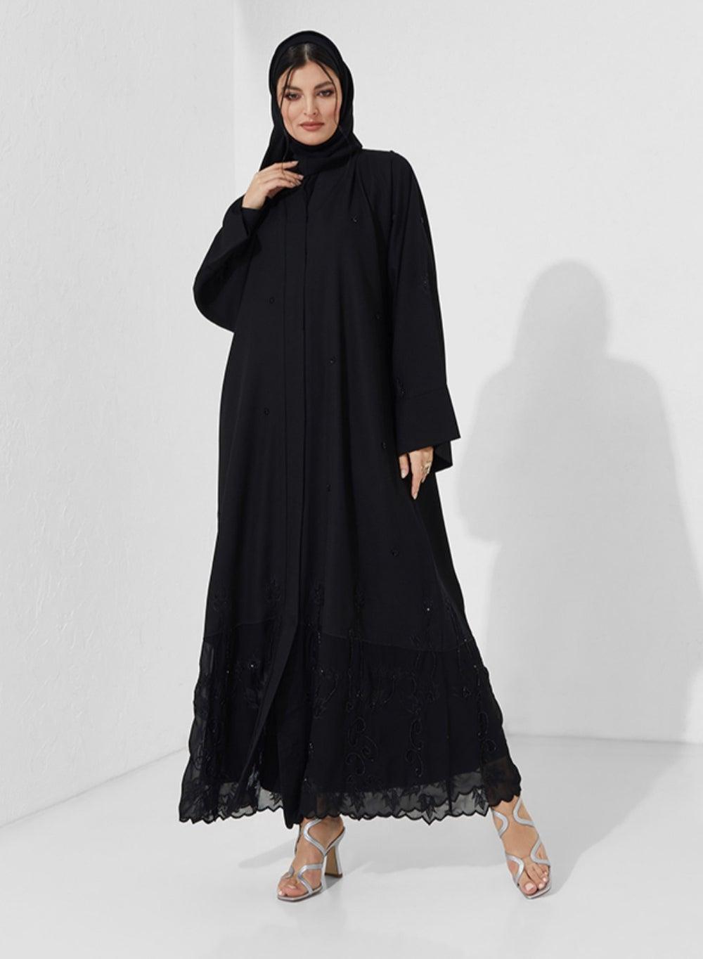 Datil Embroidered Black Crepe Abaya CH2022 - Image 1