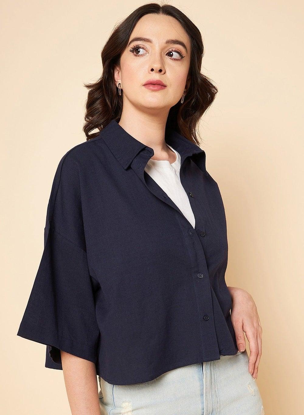 Navy Oversized Cotton Shirt Hswshs23006 Classic Fit - Image 1