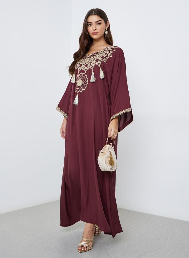 Styli Maroon Embroidered Notch Neck Jalabiya Dress - Image 1