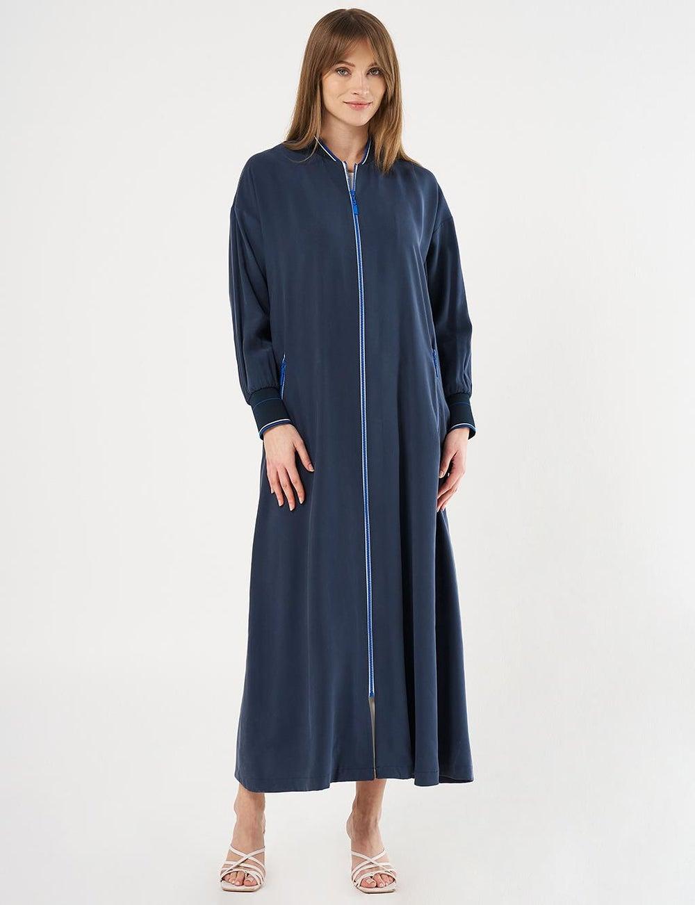 Dark Navy Zippered Rayon Cover-Up Coat - Image 1
