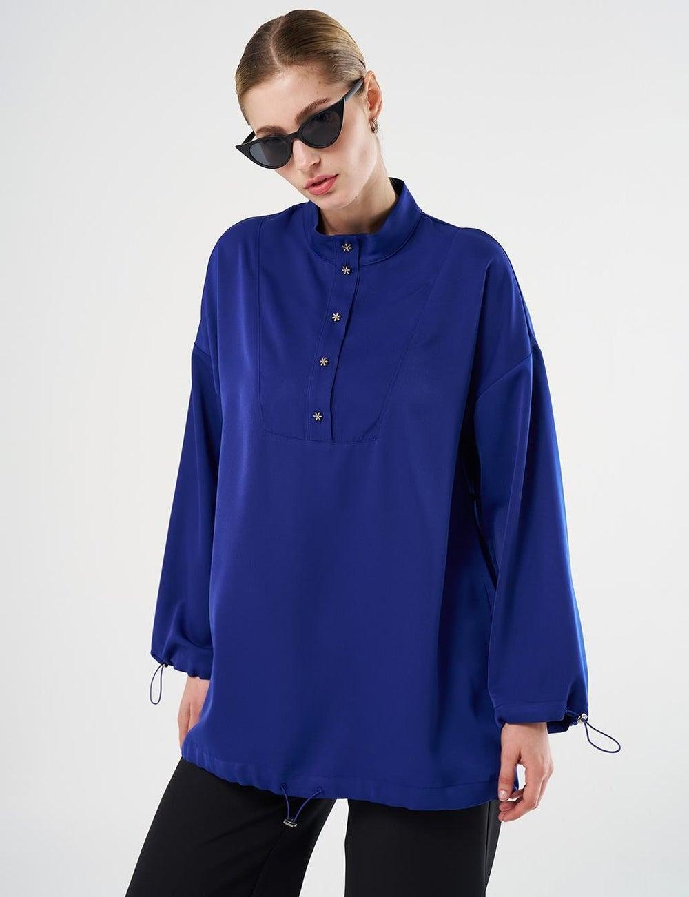 Cobalt Blue Shiny Buttoned Stand Collar Tunic - Image 1