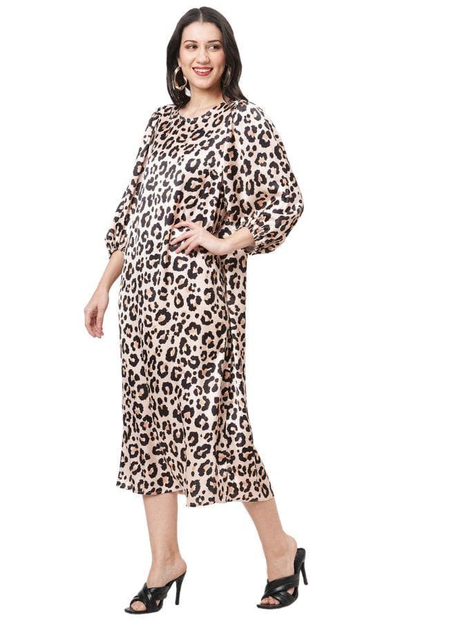 Beige Black Animal Print Midi Shift Dress - Image 1
