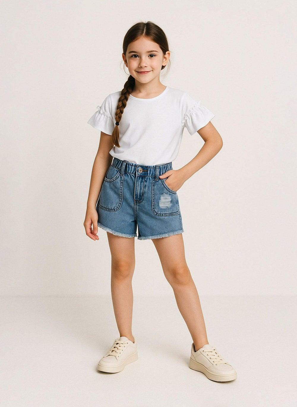 Girls Navy Denim Paperbag Waist Shorts - Image 1