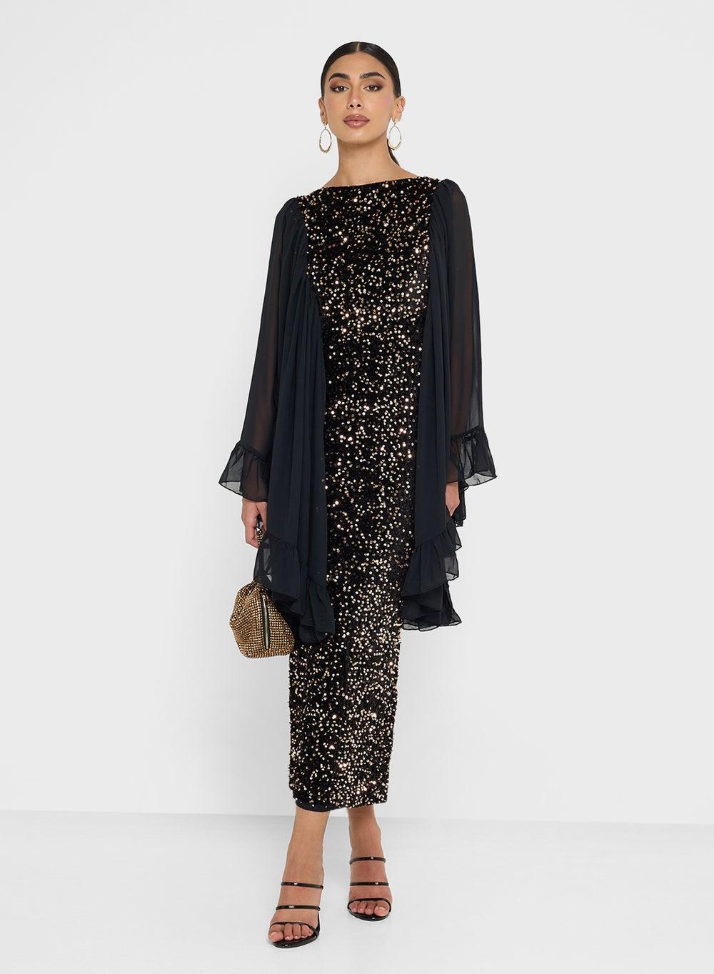 Black Sequin Ruffle Sleeve Party Dress UAE - Image 1