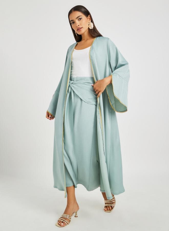 Green Bell Sleeve Abaya & Twisted Waist Skirt Set - Image 1