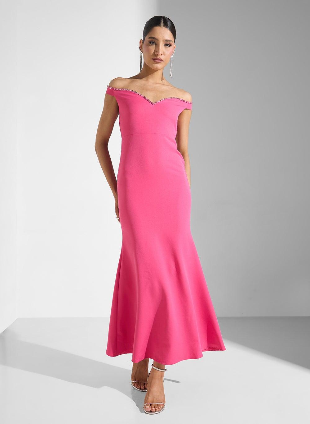 Ma080128 Pink Floral Midi Bodycon Dress - Image 1