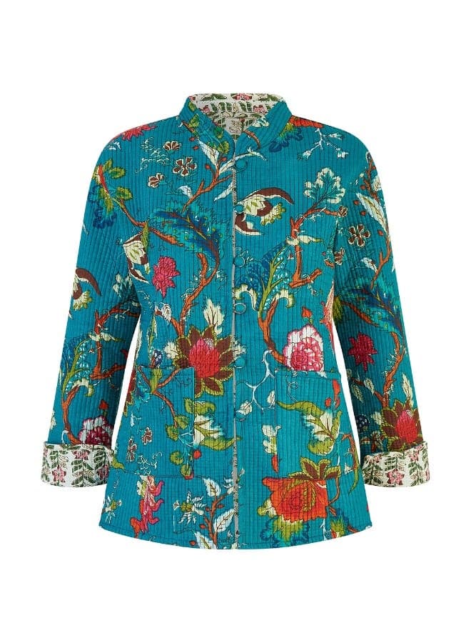 Teal Floral Reversible Quilted Cotton Jacket - Image 1