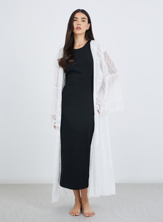 Styli Hooded Lace Mesh Maxi Robe White - Image 1