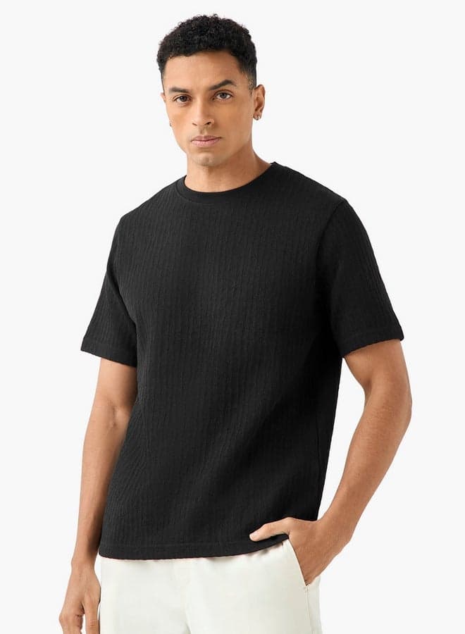 Iconic Men's Black Textured Crew Neck T-Shirt - Image 1