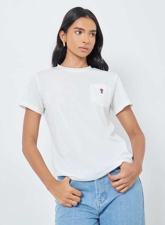 Take Two Embroidered Pocket White Regular Fit T-Shirt - Image 1