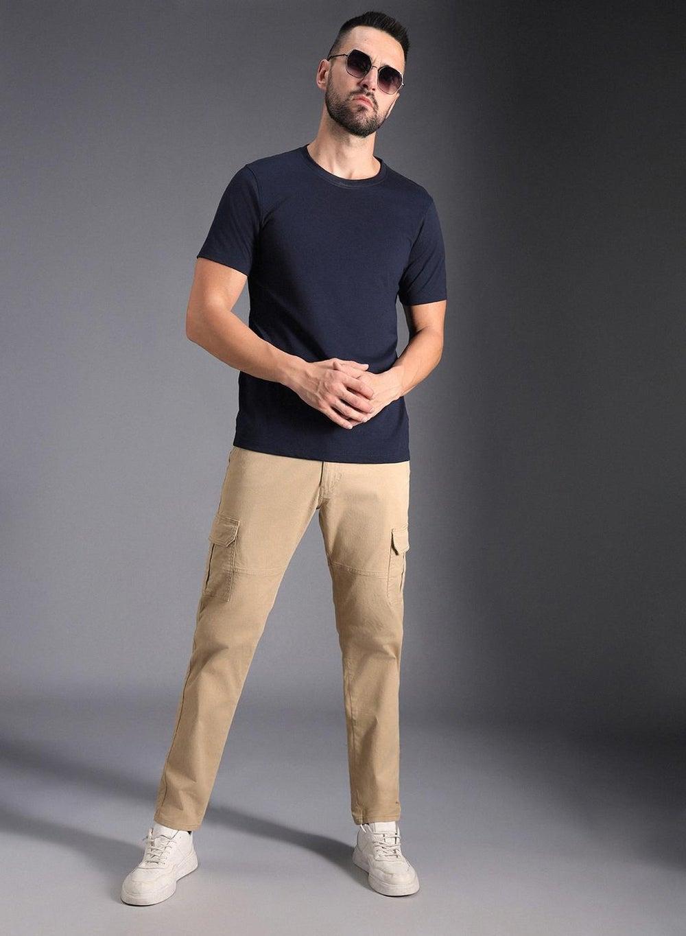Khaki Mid-Rise Cotton Cargo Trousers – Regular Fit - Image 1
