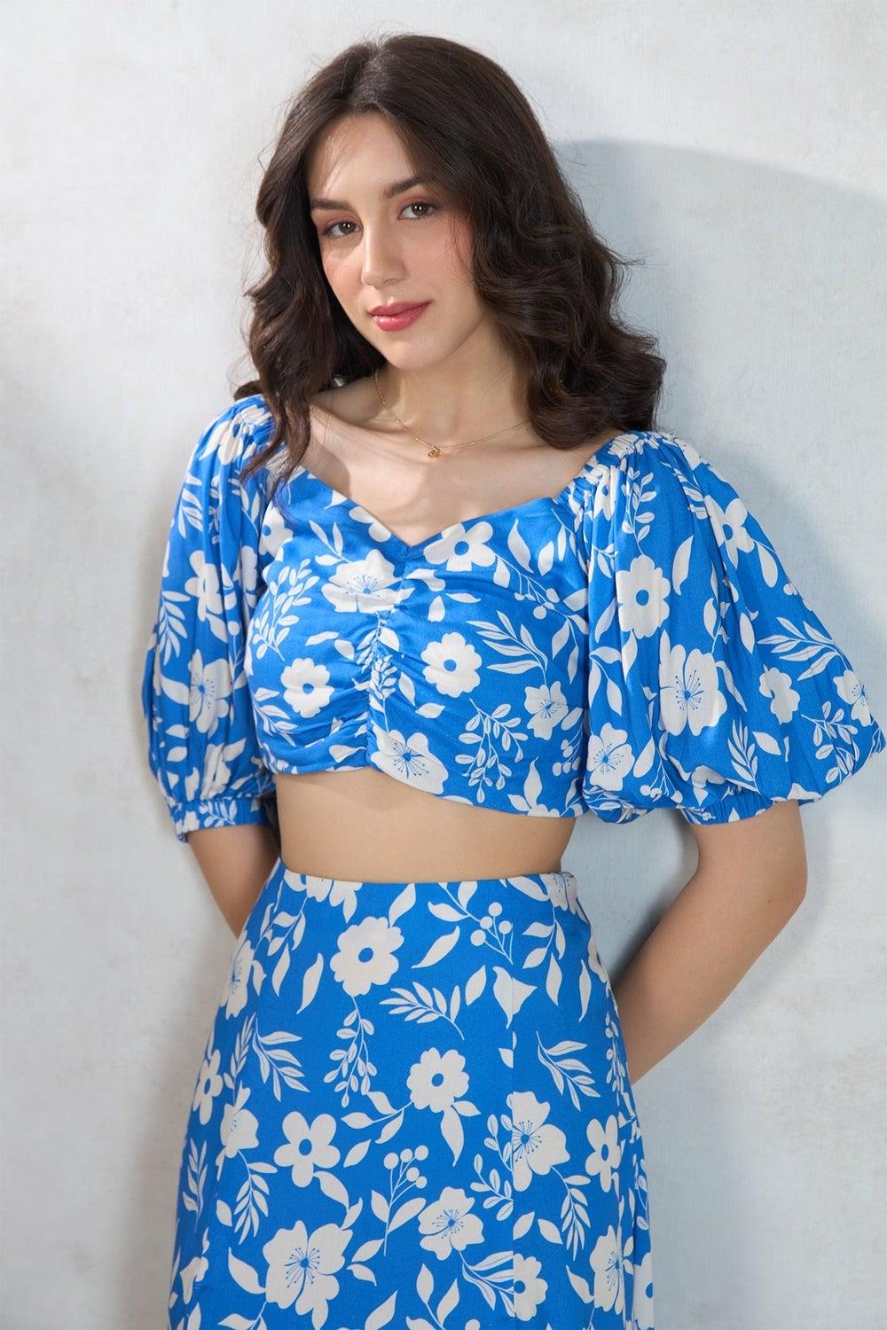 VIRGIO Modal Floral Sweetheart Crop Top Blue - Image 1