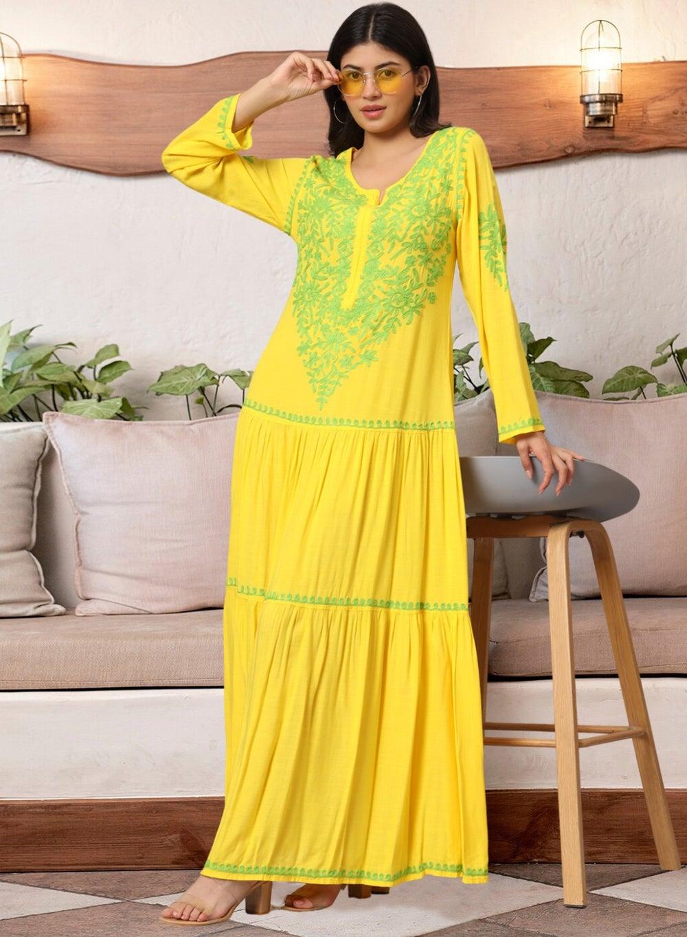 AL3942 Lucknowi Chikankari Cotton Jalabiya Yellow - Image 1
