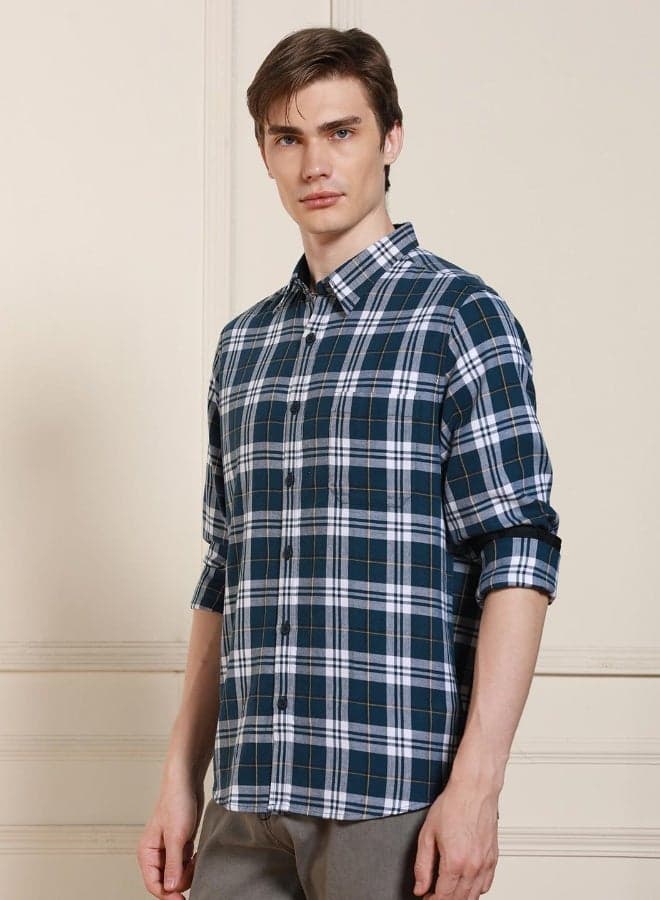 Men’s Navy Checkered Cotton Shirt Regular Fit Classic - Image 1
