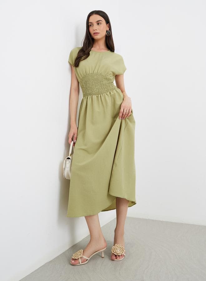 Green Smocked Waist Midi Dress Round Neck Fit & Flare - Image 1