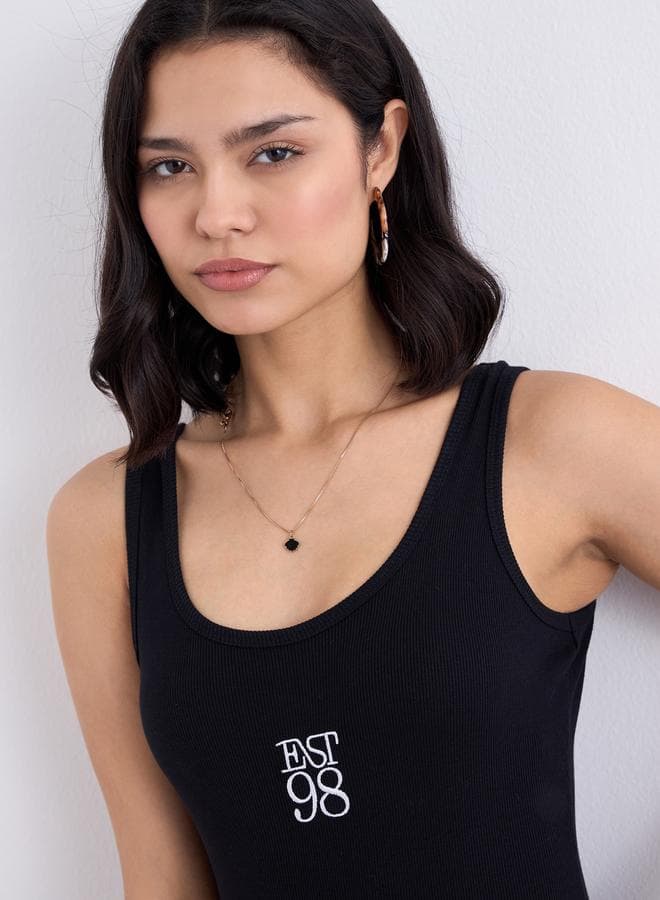 Styli Black Embroidered Ribbed Skinny Fit Bodysuit - Image 1