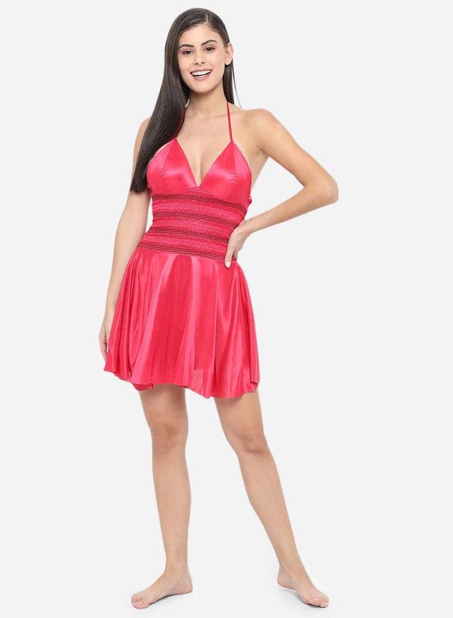 Red Satin Shirred Halter Neck Babydoll - Image 1