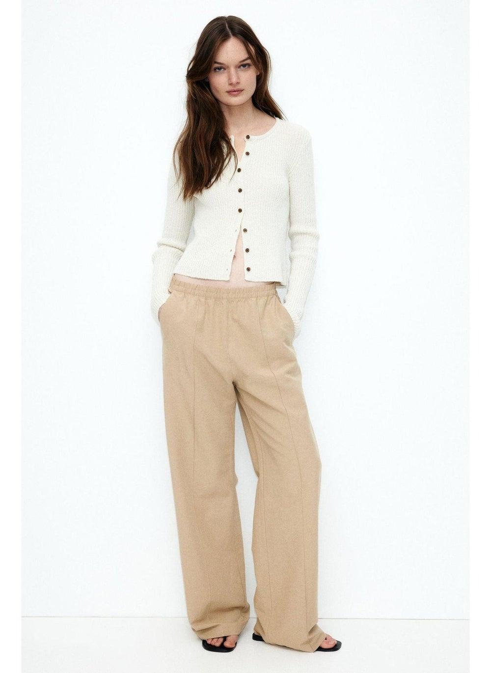 Beige Linen-Blend Wide-Leg Trousers High Waist - Image 1