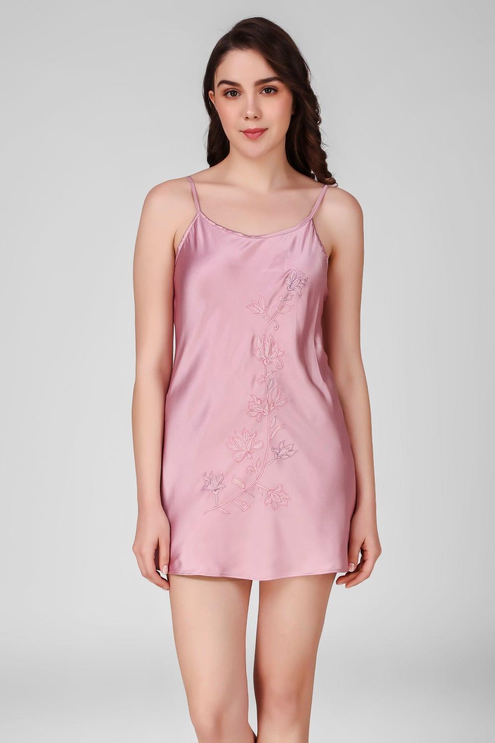 Viola Embroidered Pink Nightdress – Sleeveless Slim Fit - Image 1