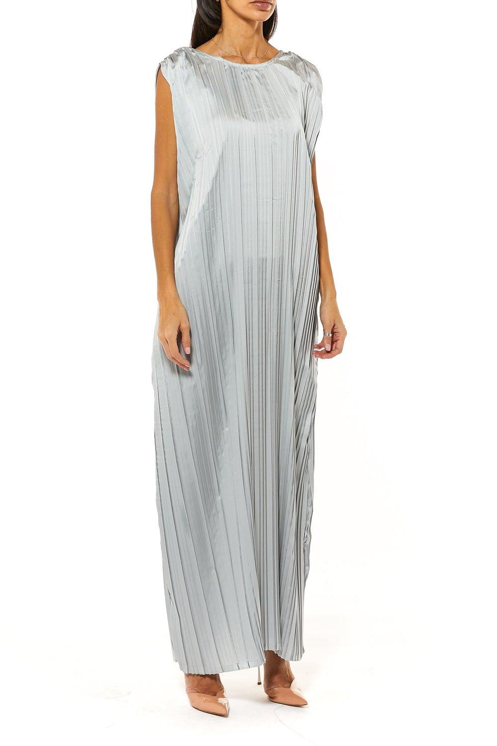 Grey Pleated Crew Neck Maxi Dress - Image 1