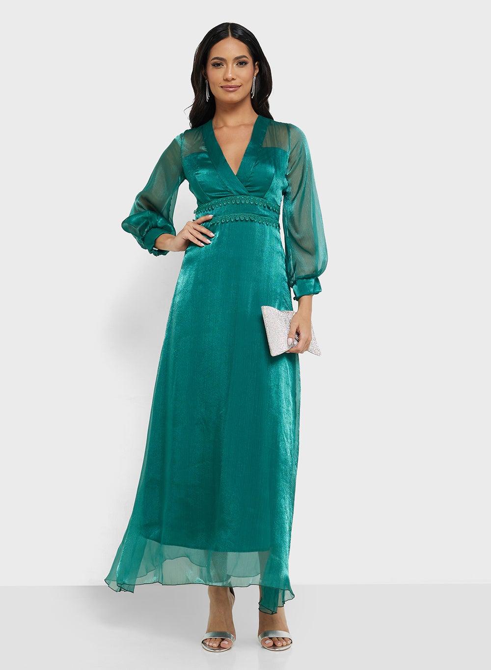 Emerald Chiffon Maxi Gown Dx509 V-Neck Elegance - Image 1