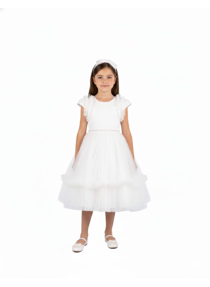 White Ruffle Tulle Midi Dress with Pearl Belt - Image 1