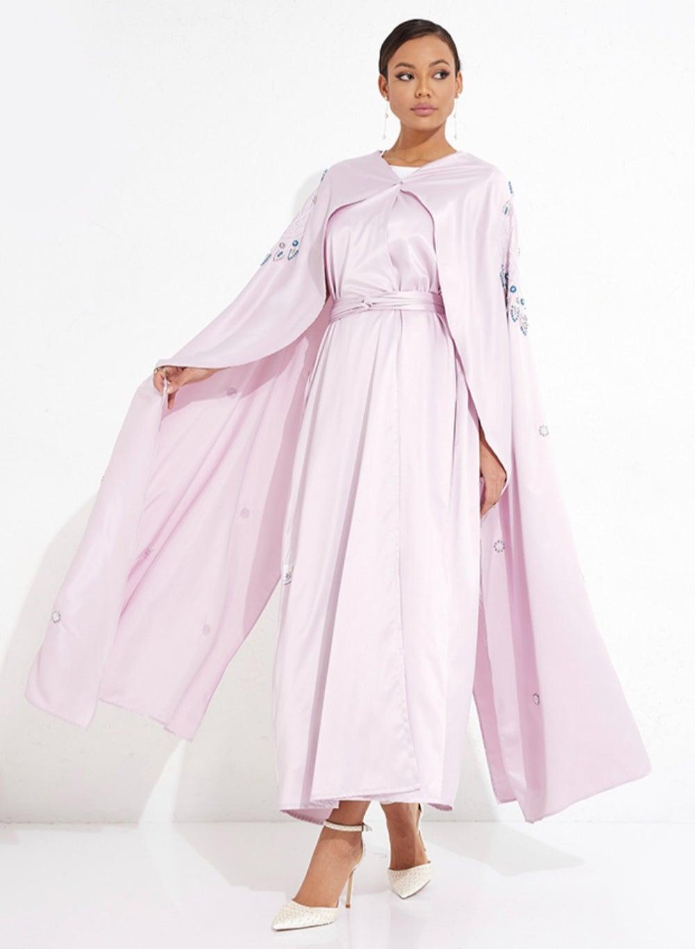 Pink Pearl-Embellished Flowing Sleeve Abaya 52" - Image 1
