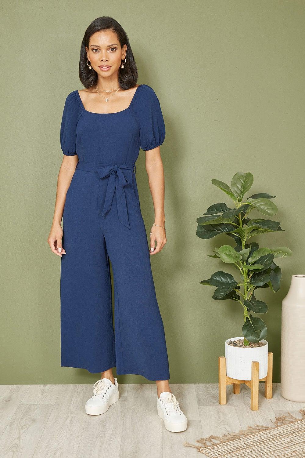 Navy Square Neck Puff Sleeve Culotte Jumpsuit - Image 1
