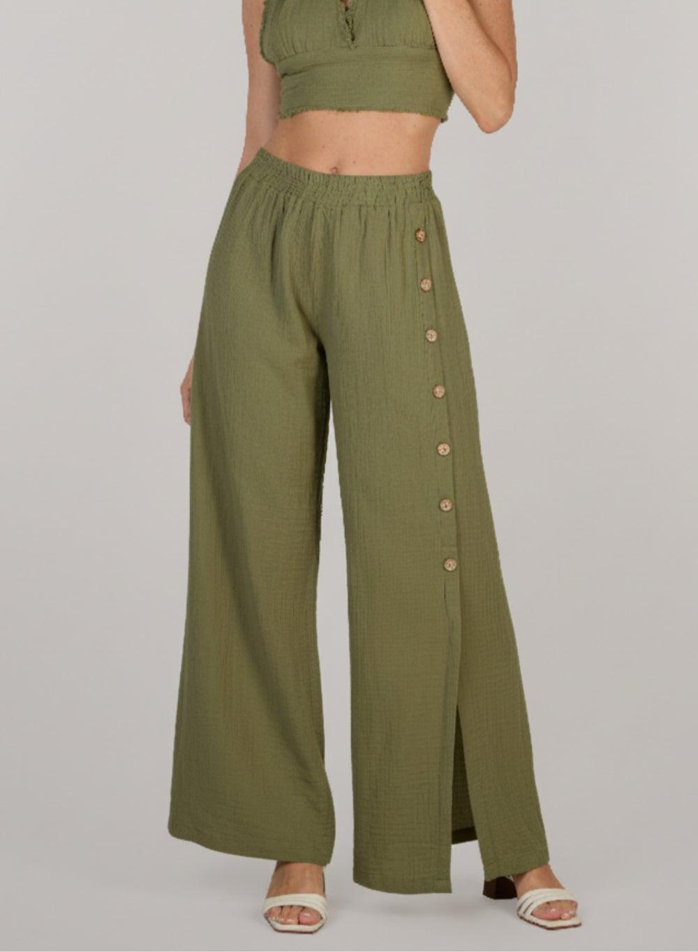 Olive Side Slit Flared Cotton Trousers - Image 1