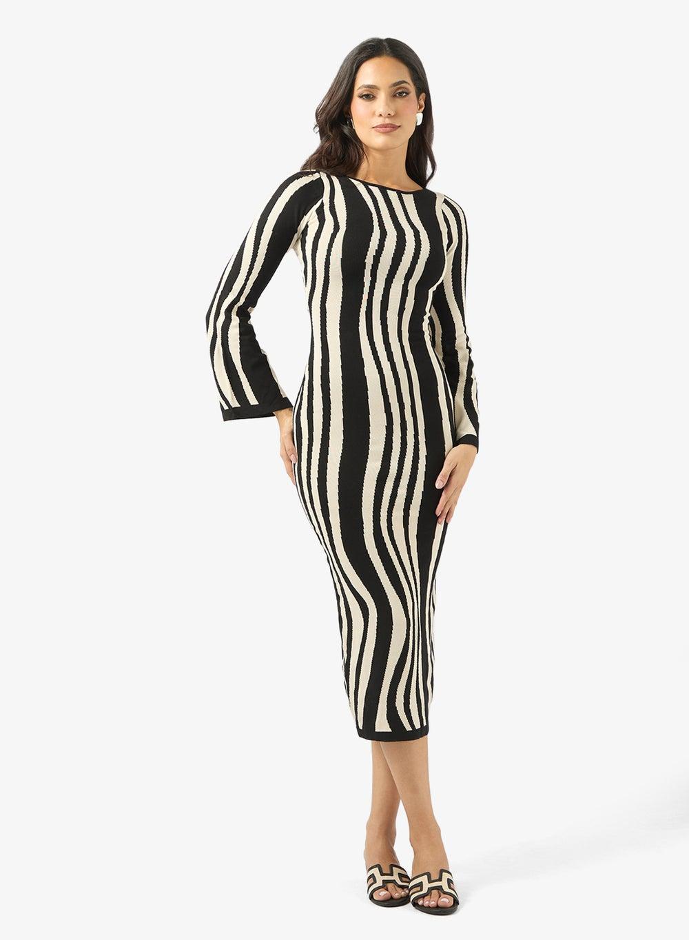 Clt256158 Black White Striped Midi Shift Dress - Image 1