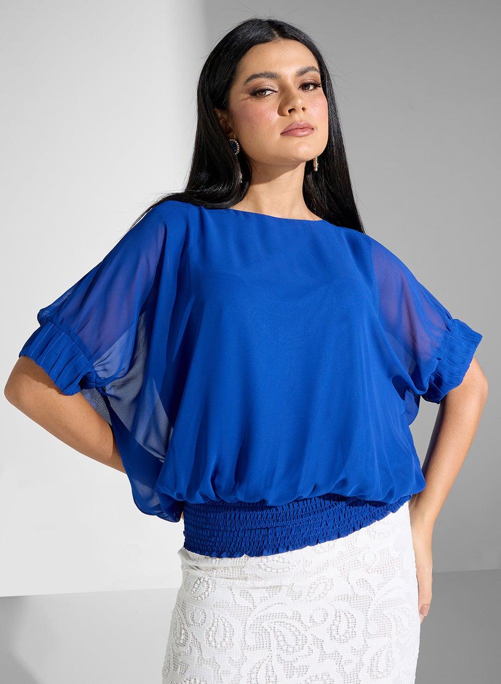 Blue Floral Short Sleeve Modest Blouse UAE - Image 1