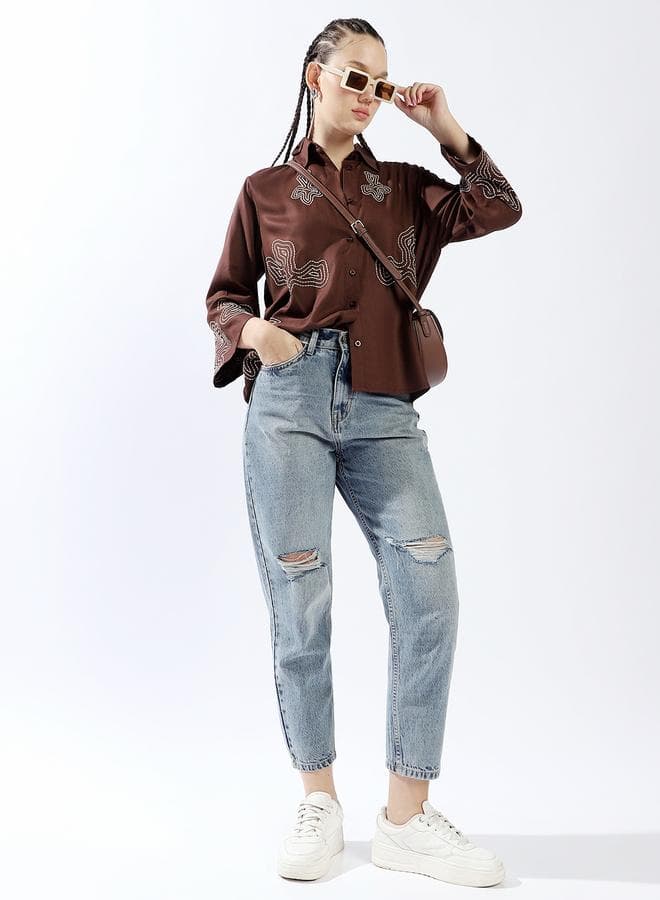 High-Rise Mom Fit Distressed Cotton Crop Jeans Blue - Image 1
