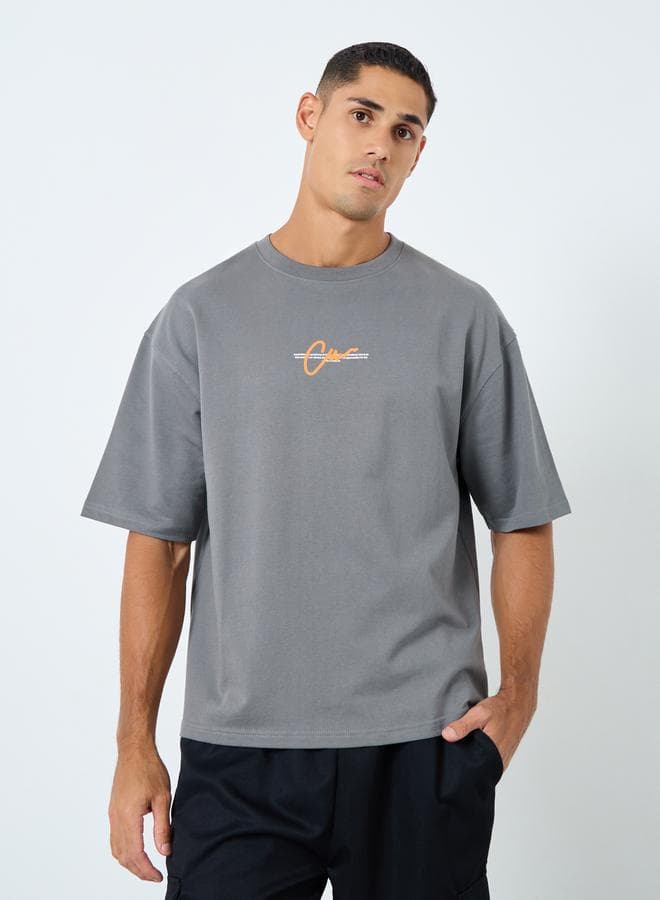 Terry Oversized Slogan Print Cotton T-Shirt Grey - Image 1